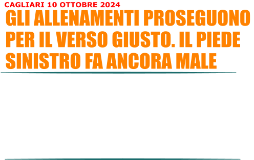 Gli allenamenti proseguono per il verso giusto. Nei 100 metri ho da poco fatto i 15.60 (considerando il piede out) e non  malaccio. Nei 200 metri, invece, mi sono attestato in una recente gara su i 25.90. I 200 metri sono la disciplina che pi sto ignorando, non riesco a farmeli piacere. Devo togliermi di dosso questa mandronia dei 200, e mettermi seriamente a lavorare anche per questa disciplina. Nel disco, invece, le cose stanno andando bene. Sono riuscito a raggiungere e superare i 20 metri. Proprio qualche giorno fa ho lanciato a 20.40 metri e a 21.56 metri. Il disco mi sta dando molte soddisfazioni. GLI ALLENAMENTI PROSEGUONO PER IL VERSO GIUSTO. IL PIEDE SINISTRO FA ANCORA MALE CAGLIARI 10 OTTOBRE 2024